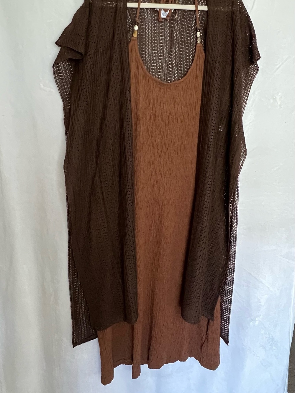 Old Navy Rust Brown Dress w/ Steve Madden Brown Open-Knit kimono Cardigan